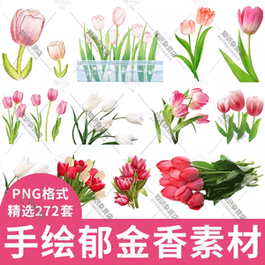 卡通手绘郁金香花朵花卉背景装饰PNG免抠图片郁金香插画设计素材