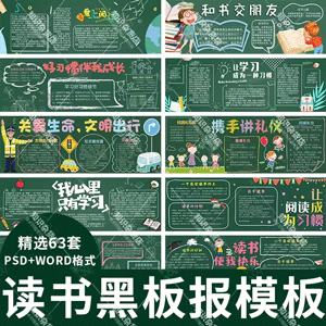 校园文化宣传栏黑板报模板中小学好读书阅读主题PSD设计素材word